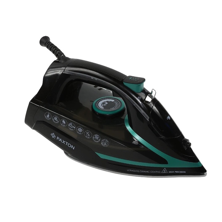 Fier de calcat, Paxton FC-3050C, 3050 W, talpa ceramica, 0.35 litri, 45 g/min, negru + turcoaz