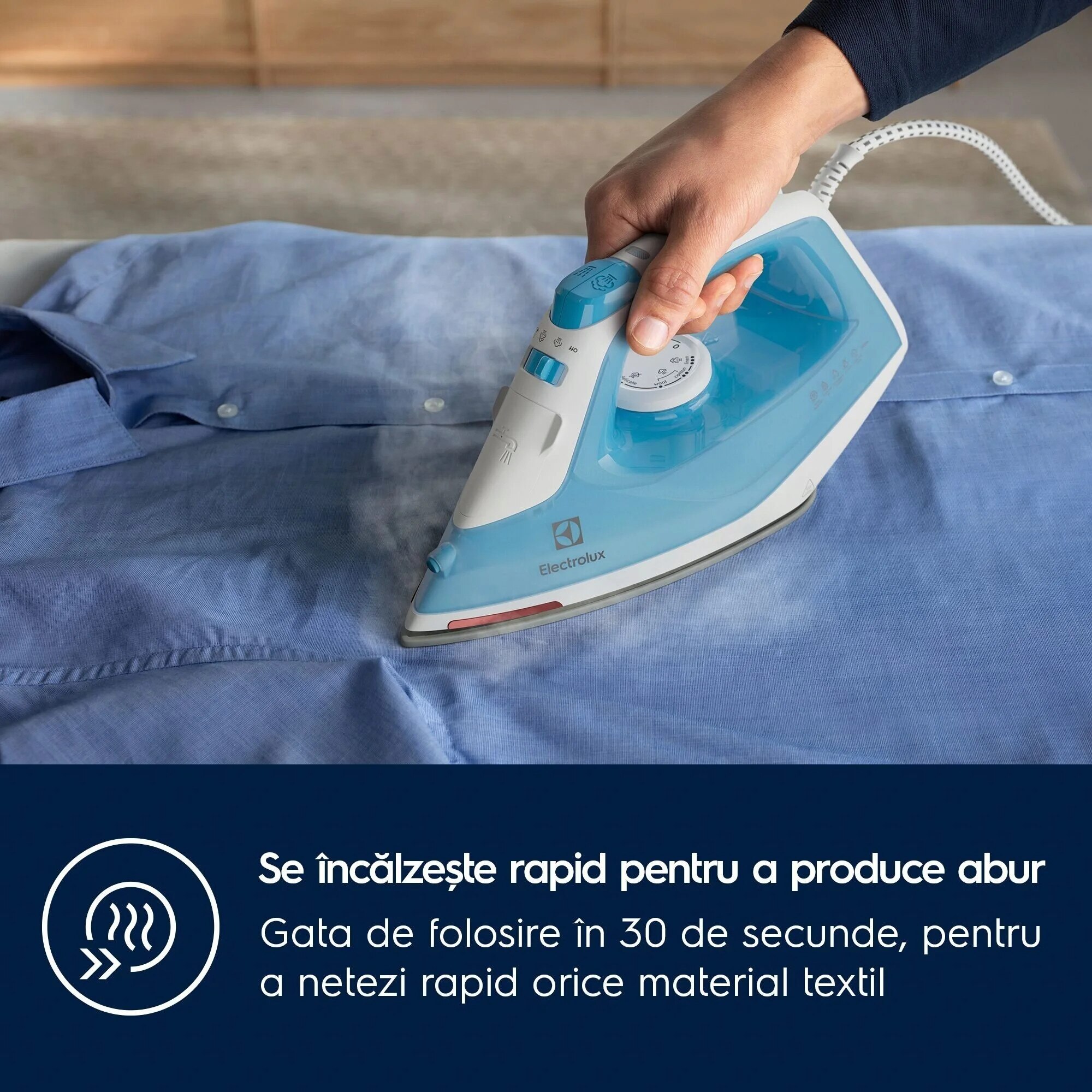 Fier de calcat Electrolux Easyline E5SI2-4CB, 2300 W, talpa ceramica, 0.25 litri, 100 g/min, functie de autocuratare, functie anti-picurare, functie anti-calcar, functie pulverizare, indicator talpa incinsa, bleu
