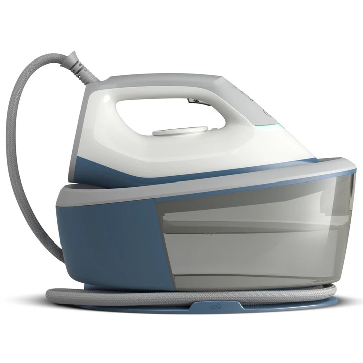 Statie de calcat Philips PSG2000/20, 2400 W, 1.4 litri, jet de abur 300 g/min, talpa ceramica, jet de abur vertical, presiune 6 bari, sistem anti-calcar Smart Calc Clean, oprire automata, albastru + alb