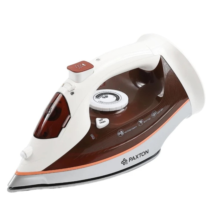 Fier de calcat Paxton FC-2500C3, 2500 W, talpa ceramica, 0.30 litri, 0.7 g/min, sistem auto-curatare, abur vertical, sistem anti-calcar, sistem anti-picurare, alb cu maro