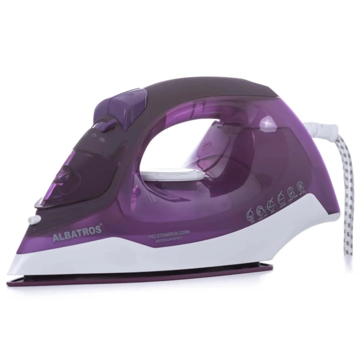Fier de calcat Albatros Violette, 2200 W, talpa ceramica, 0.25 litri, 100 g/min, functie de auto-curatare, functie anti-picurare, functie anti-calcar, calcare verticala, violet