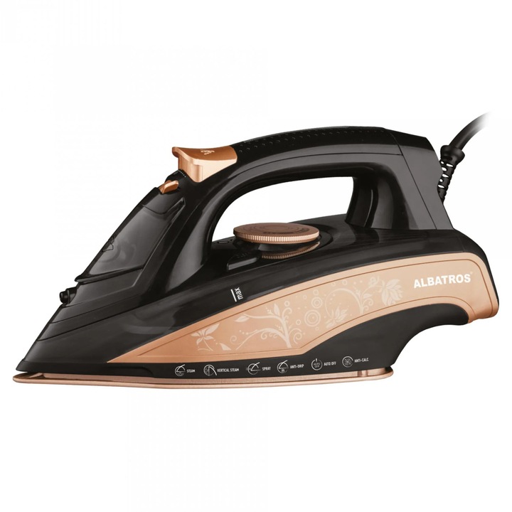 Fier de calcat Albatros Rosa, 3000 W, talpa ceramica, 0.45 litri, 120 g/min, functie de auto-curatare, functie anti-picurare, functie anti-calcar, oprire automata, negru