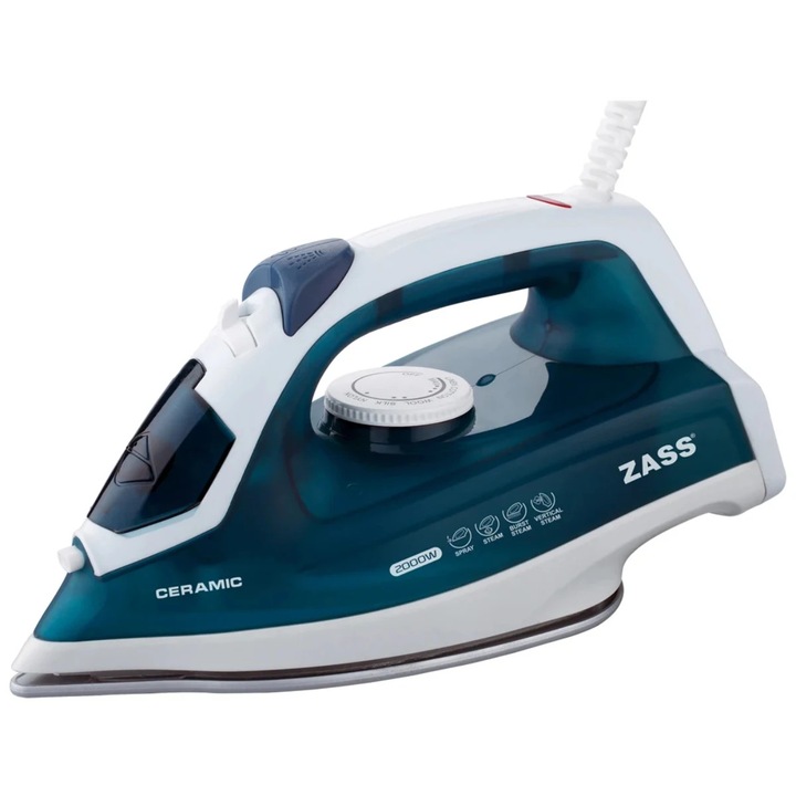 Fier de calcat Zass A09, 2000 W, talpa ceramica, 0.15 litri, 80 g/min, sistem auto-curatare, turcoaz cu alb