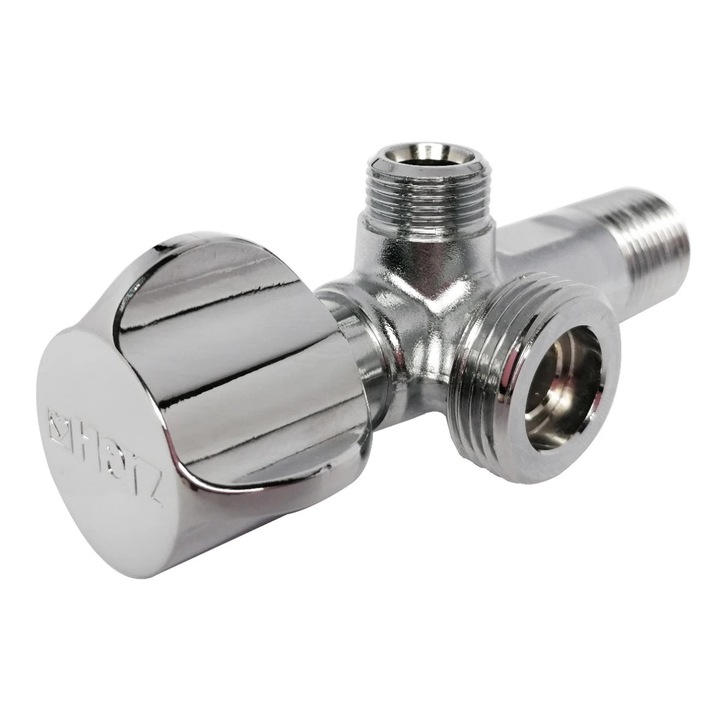 Ъглов сферичен кран, двоен, Herz UH13111, външна резба, PN16, 1/2" x 3/8" X 3/4"