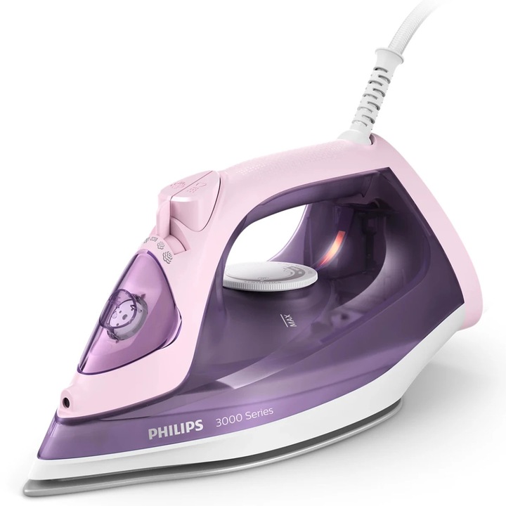 Fier de calcat Philips DST3020/30, 2200 W, talpa ceramica, 0.30 litri, 160 g/min, abur vertical, sistem anti-picurare, sistem anti-calcar, mod Eco, roz cu mov