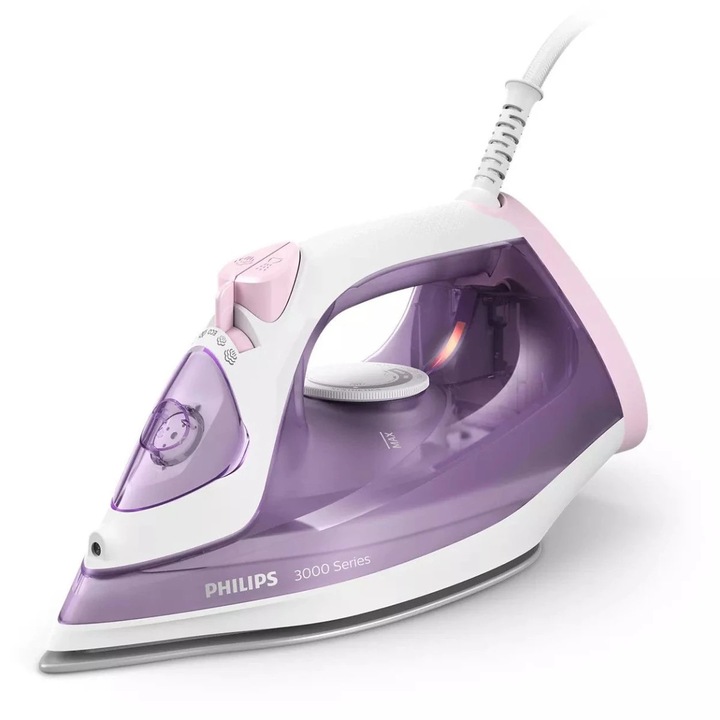 Fier de calcat Philips DST3010/30, 2000 W, talpa ceramica, 0.30 litri, 140 g/min, abur vertical, sistem anti-picurare, alb cu violet