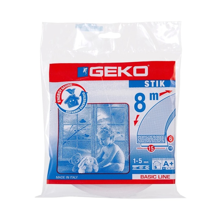 Garnitura de etansare pentru usi si ferestre, Geko Stik, poliuretan expandat, alb, 15 mm x 8 m