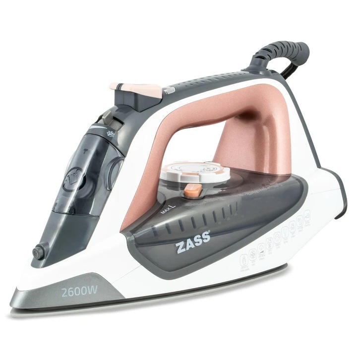 Fier de calcat Zass A21, 2600 W, talpa ceramica, 0.38 litri, 150 g/min, sistem auto-curatare, sistem anti-calcar, sistem anti-picurare, calcare verticala, gri cu roz