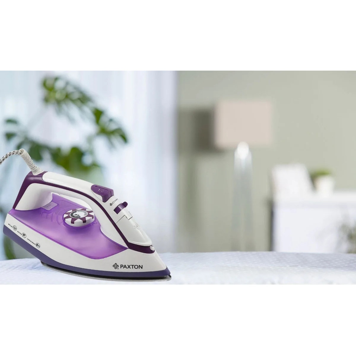 Fier de calcat Paxton FC-2500C1, 2500 W, talpa ceramica, 0.30 litri, 0.8 g/min, sistem auto-curatare, abur vertical, sistem anti-calcar, sistem anti-picurare, alb cu mov