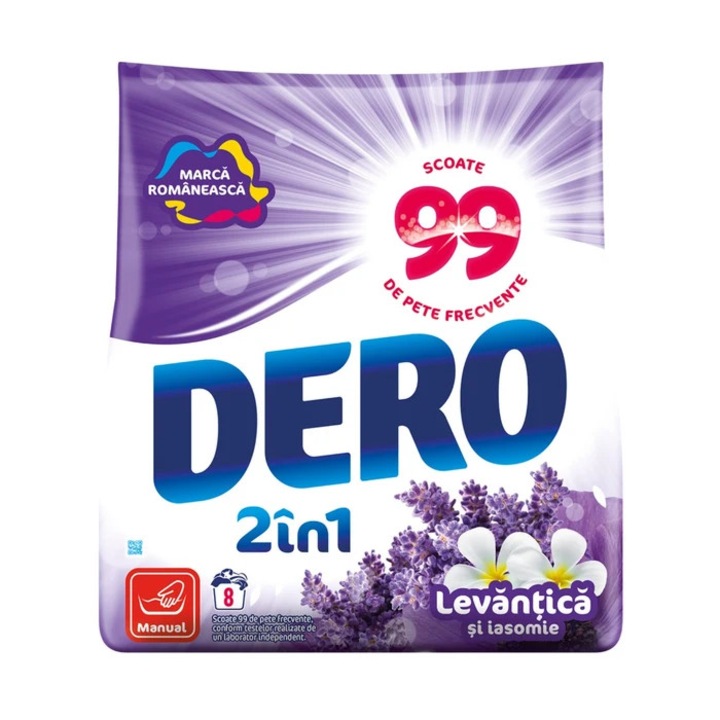 Detergent de rufe pudra, manual, Dero 2 in 1, levantica + iasomie, 0.4 kg, 8 spalari