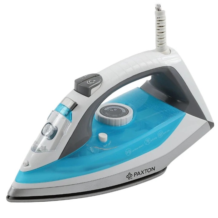 Fier de calcat Paxton FC-2500C2, 2500 W, talpa ceramica, 0.30 litri, 0.8 g/min, sistem auto-curatare, abur vertical, sistem anti-calcar, sistem anti-picurare, alb cu turcoaz