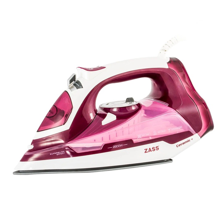 Fier de calcat Zass A11, 2600 W, talpa ceramica, 0.35 l, 150 g/min, sistem auto-curatare, sistem anti-calcar, sistem anti-picurare, alb cu visiniu