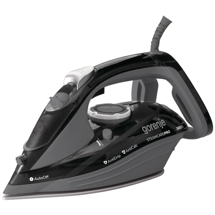 Fier de calcat Gorenje SIH2600BKG, 2600 W, talpa ceramica, 0.35 litri, 95 g/min, functie de autocuratare, functie anti-picurare, functie anti-calcar, termostat reglabil, oprire automata, negru + gri