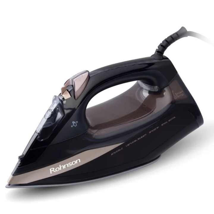 Fier de calcat Rohnson R397, 2800 W, talpa ceramica, 0.40 litri, 200 g/min, tehnologie Smart Temp, functie anti-picurare, functie anti-calcar, functie auto-curatare, functie de abur variabil, sistem de calcare pe verticala, negru cu bej