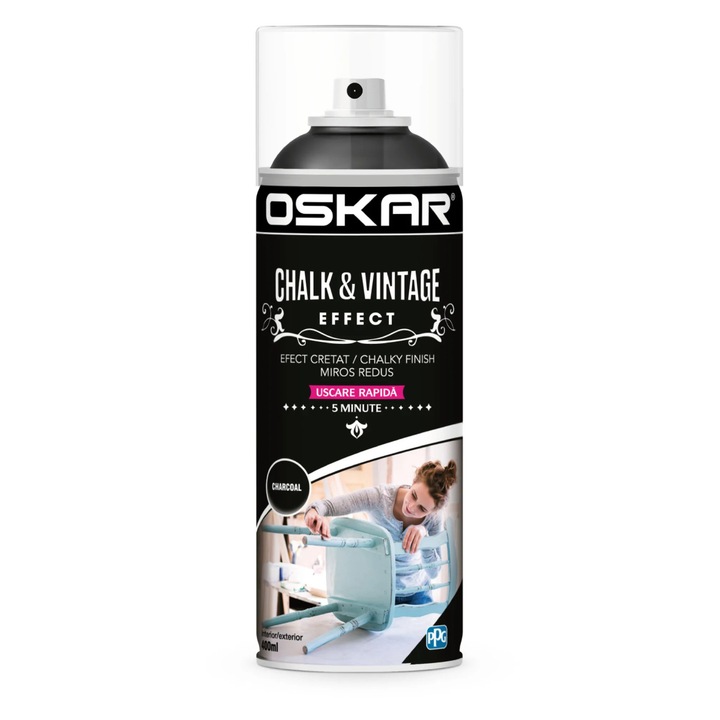 Spray festék fa / fém, Oskar Chalk & Vintage Effect, faszén, beltéri / kültéri, 400 ml