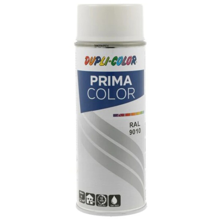Spray vopsea acrilica Dupli-Color Prima Color, interior / exterior, alb lucios RAL9010, 400 ml