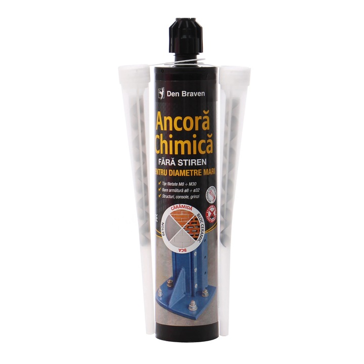 Ancora chimica fara stiren, pentru diametre mari, Den Braven, gri, interior / exterior, 280 ml, include doua mixere