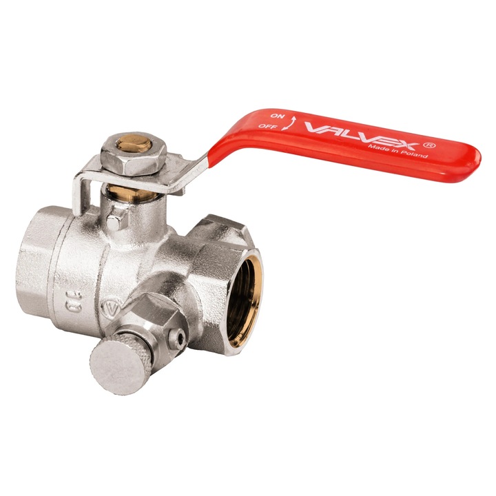 Robinet cu bila Valvex Onyx, cu buson si supapa de evacuare, alama nichelata, filet interior-interior, DN 15, cu maneta otel