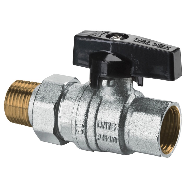 Robinet de trecere cu bila Valvex Tryton, alama nichelata, cu racord olandez, DN 20, PN 40, maner fluture
