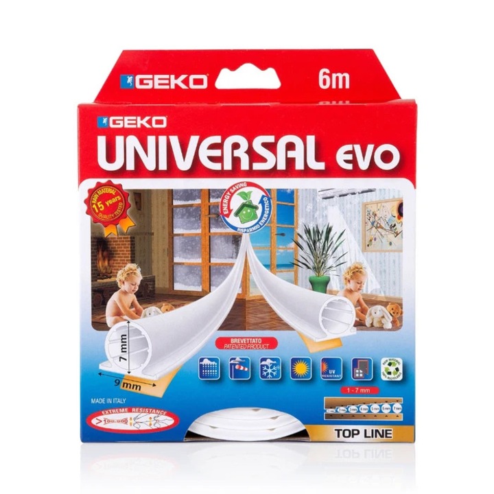 Garnitura adeziva pentru usi si ferestre, Geko Universal, TPE, alb, 9 mm x 6 m