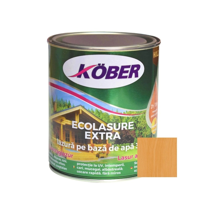 Лак / лазур 3 в 1 за дърво, Kober Ecolasure Extra, тик, на водна основа, интериор / екстериор, 0.75 L