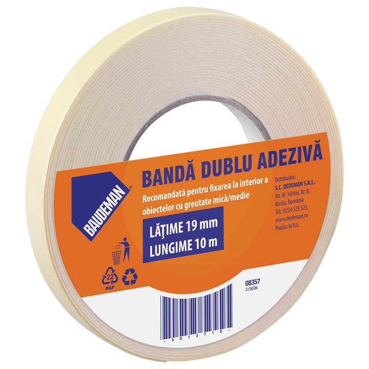 Banda dublu adeziva pentru fixare, Baudeman 8357, 10 m x 19 mm