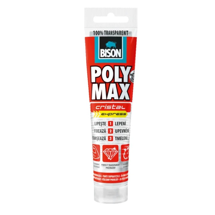 Adeziv pentru suprafete multiple, Bison Poly Max Crystal Express, interior / exterior, transparent, 115 g