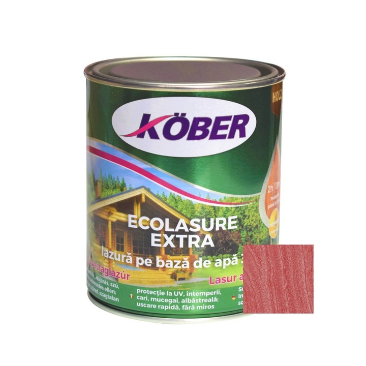 Lac / lazura 3 in 1 pentru lemn, Kober Ecolasure Extra, trandafir, pe baza de apa, interior / exterior, 0.75 L