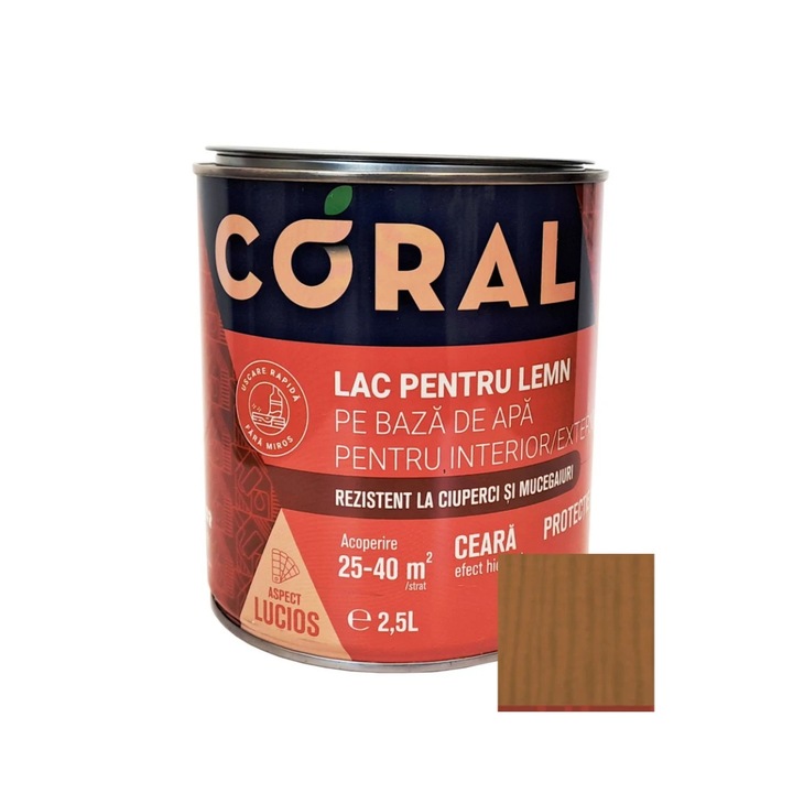 Lac pentru lemn, Coral, nuc, pe baza de apa, interior / exterior, 2.5 L