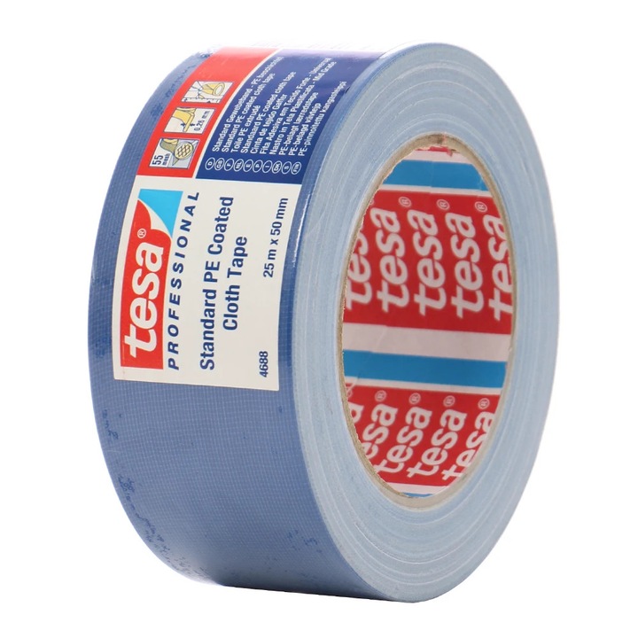 Banda adeziva pentru reparatii, tesa 4688, textil, albastru, 25 m x 50 mm