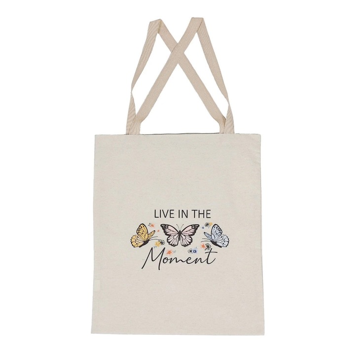 Sacosa din bumbac + poliester, Moment, bej, cu imprimeu, 40 x 46 cm