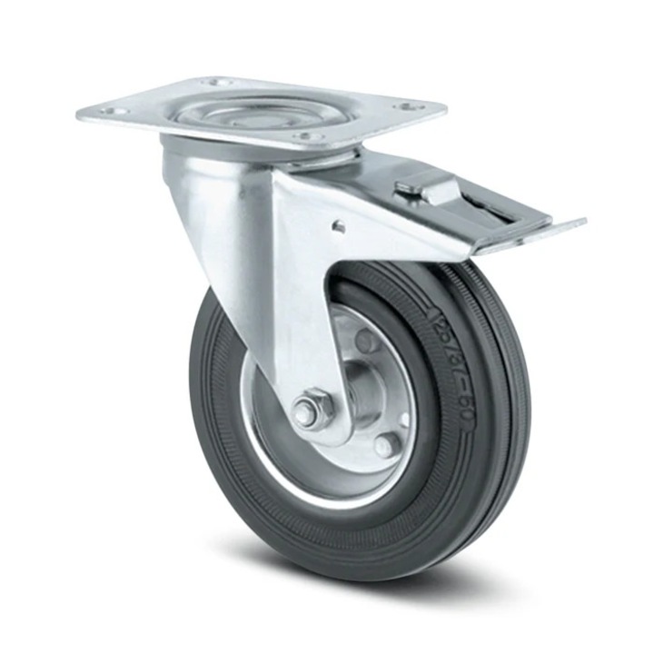 Roata pivotanta, din otel + cauciuc, cu frana, cu placa, 100 mm, 70 kg