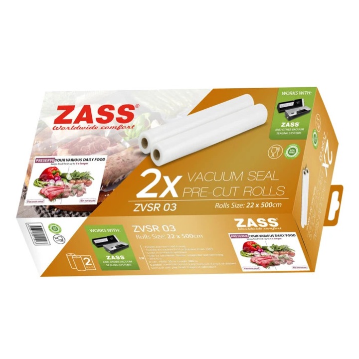Folie pentru aparat de vidat alimente, tip rola, Zass ZVSR 03, 22 x 500 cm, grosime 0.18 mm, rezistenta la caldura si frig, fara BPA, transparent, set 2 bucati