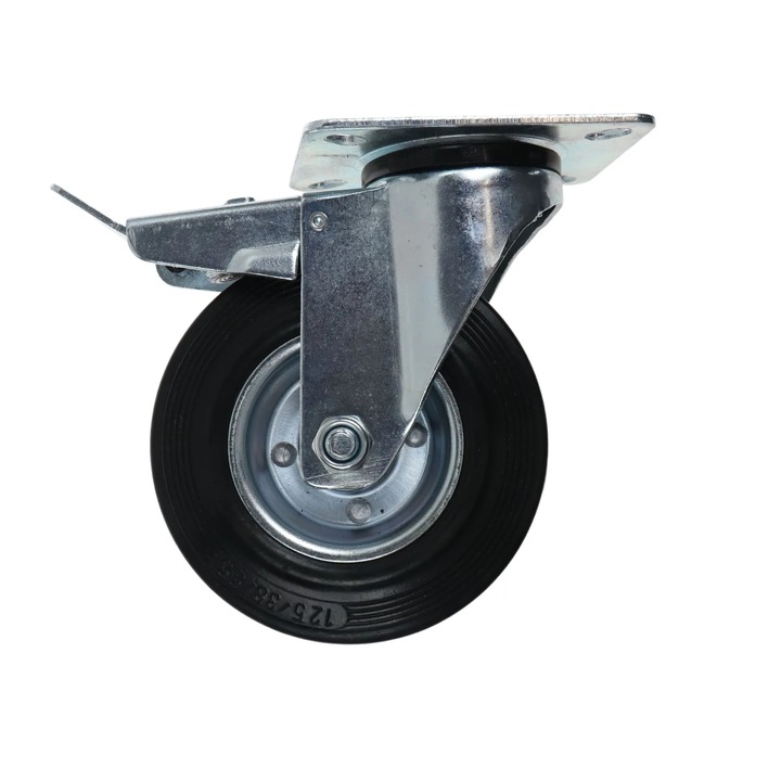 Roata pivotanta, din cauciuc, cu frana, cu placa, 125 mm, 100 kg