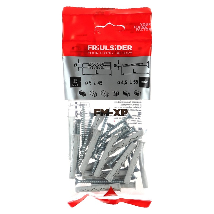 Diblu universal din nylon, cu surub, Friulsider XP, 6 x 45 mm, set 15 bucati