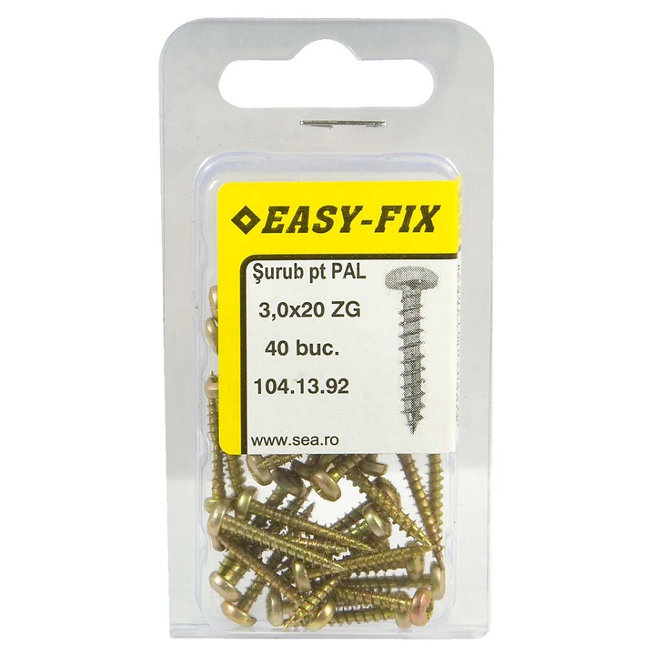 Surub pentru PAL / lemn, cu cap bombat, amprenta cruce, Easy-Fix, otel, zincat galben, 3 x 20 mm, set 40 bucati