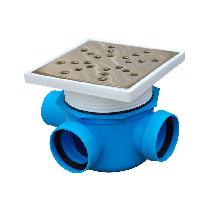 Sifon pardoseala complet, polipropilena + inox, 1 iesire - 2 intrari, D 50 mm, 90 grade, stanga - dreapta