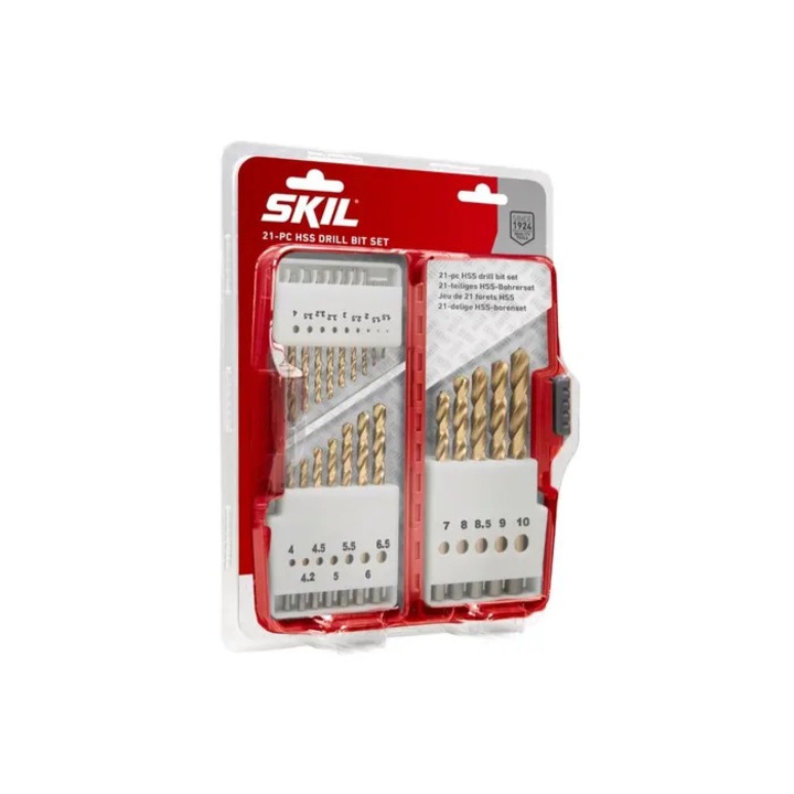 Burghiu pentru metal, tip HSS, coada cilindrica, Skil 2610S00918, 1.5 - 10 mm, set 21 bucati
