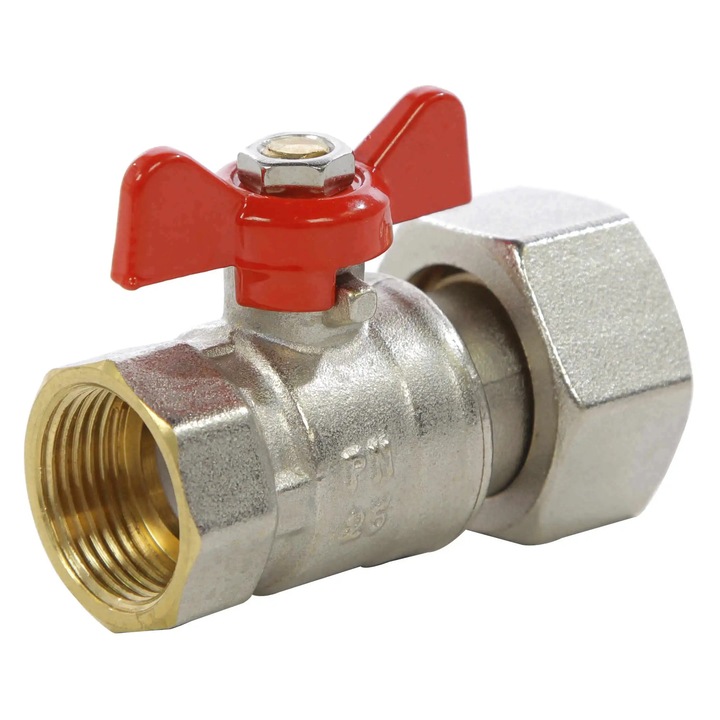 Robinet de trecere cu bila Valvex Spin, alama nichelata, cu racord semiolandez, filet interior-interior 3/4"-1", PN25, maner fluture