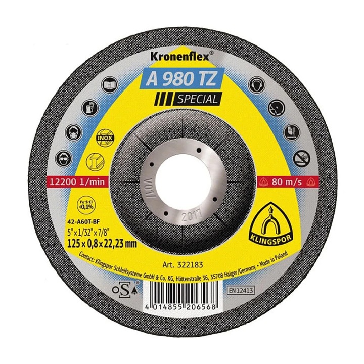 Disc debitare inox si otel, Klingspor A 980 TZ Special, 125 x 22.23 x 0.8 mm