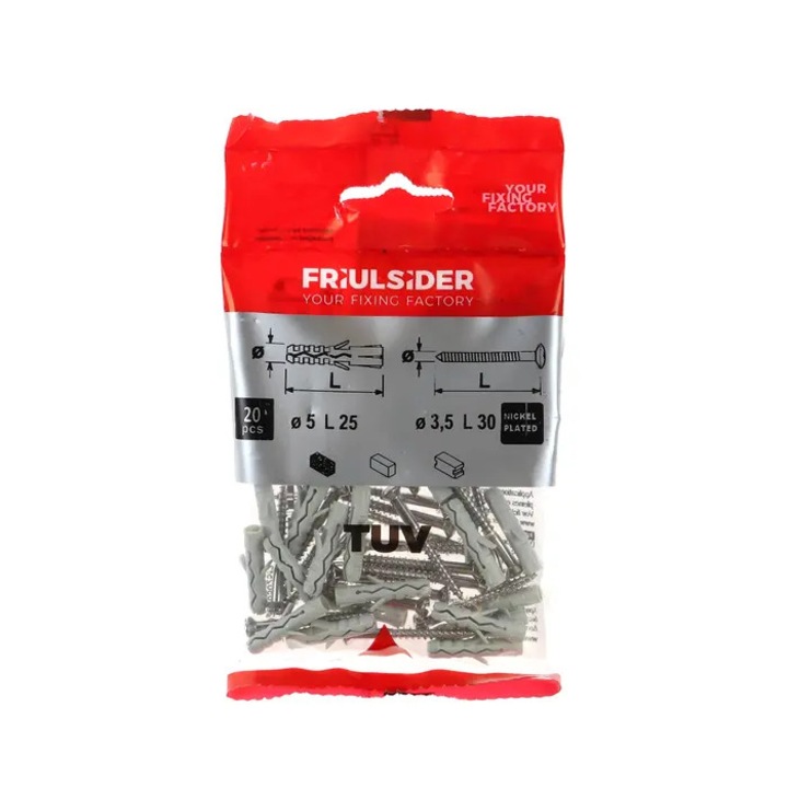 Diblu universal din nylon, cu surub cu cap bombat, Friulsider TUV, 5 x 25 mm, set 20 bucati