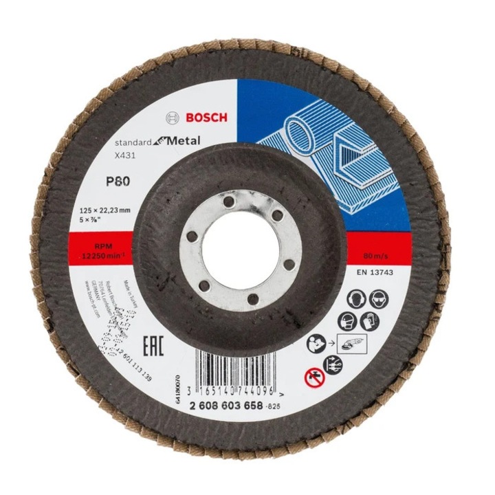 Disc lamelar frontal, pentru metal, Bosch Standard for Metal, 125 x 22.23 mm, granulatie 80