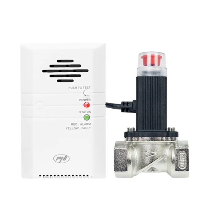 Senzor gaz + electrovalva PNI Safe House 400, 3/4", alarma sonora si vizuala 85 dB, alb