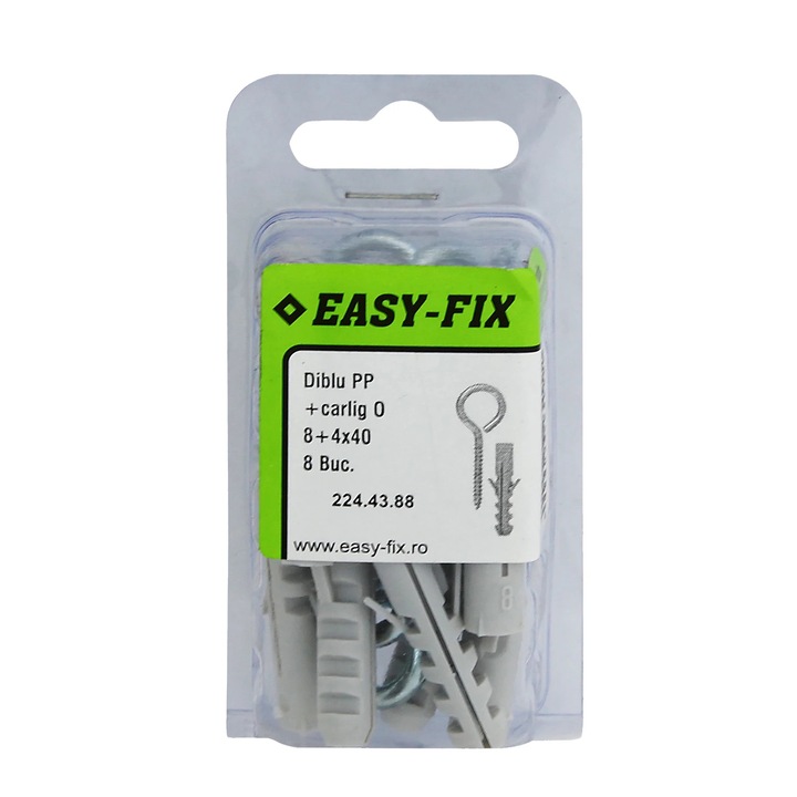 Diblu polipropilena, 8 x 40 mm, cu carlig ochi inchis, 4 x 40 mm, set 8 bucati