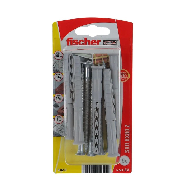 Diblu universal din nylon, cu surub, cap inecat, SXR 8 x 80 mm, set 5 bucati