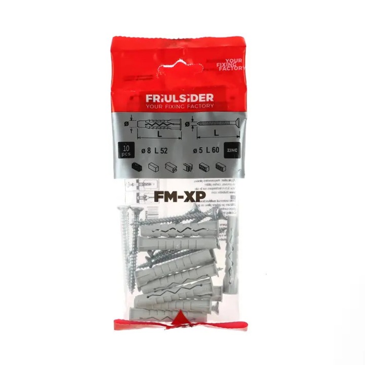 Diblu universal din nylon, 8 x 52 mm, Friulsider XP, cu surub. cap inecat, 5 x 60 mm, set 10 bucati