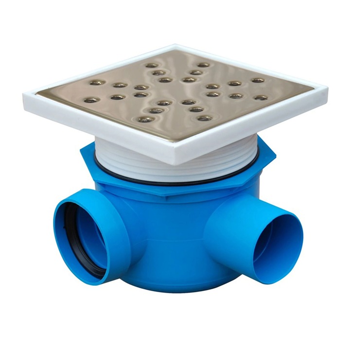 Sifon pardoseala complet, polipropilena + inox, 1 iesire - 1 intrare 90 grade stanga, D 40 mm