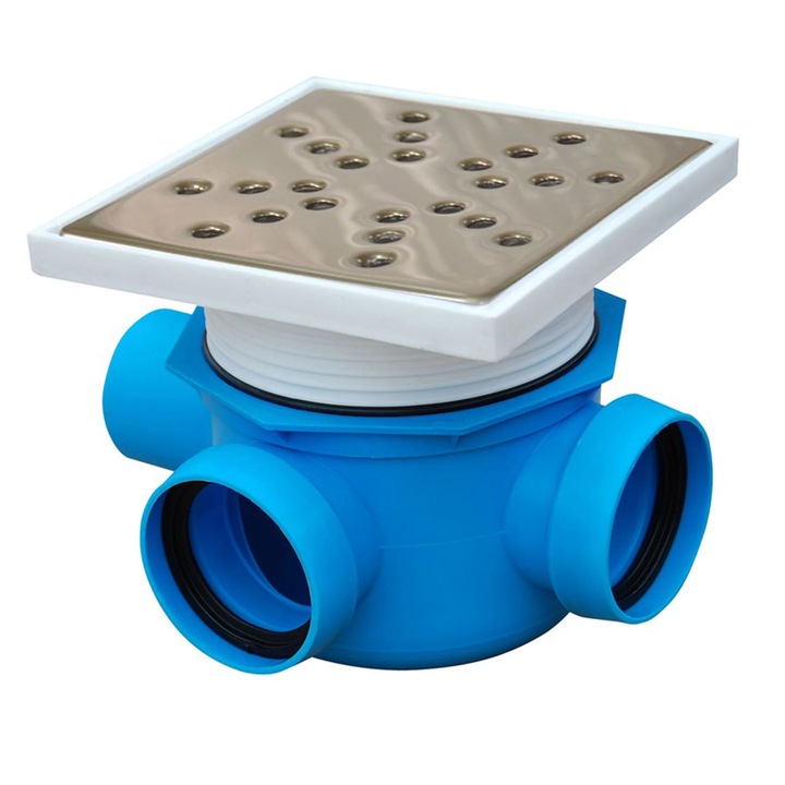 Sifon pardoseala complet, polipropilena + inox, 1 iesire - 2 intrari, D 50 mm, 90 grade, dreapta