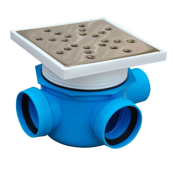 Sifon pardoseala complet, polipropilena + inox, 1 iesire - 2 intrari 90 grade stanga, D 50 mm