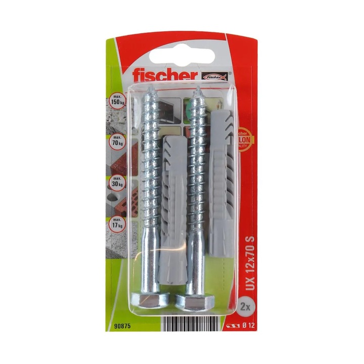 Diblu universal din nylon, cu surub, cap hexagonal, Fischer UX, 12 x 70 mm, set 2 bucati